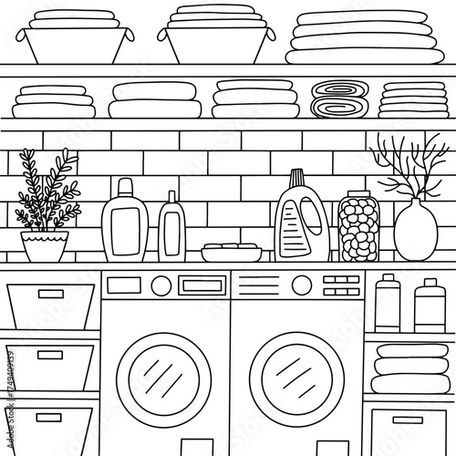 Laundry room coloring page. Hand drawn vector sketch of Laundry