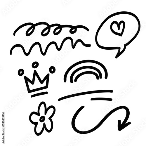 set of black and white icons, set of hand drawn ink splashes, set of hand drawn arrows
