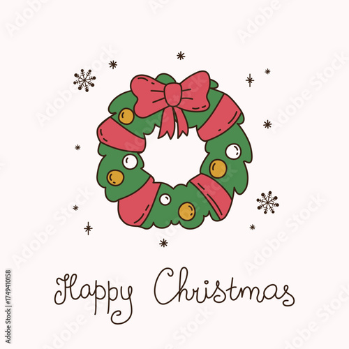 Celebration square card with hand drawn fir wreath decorated a ribbon, balls and text Happy Christmas in doodle style. Flat vector illustration. Modern layout for social media, cover, invitation