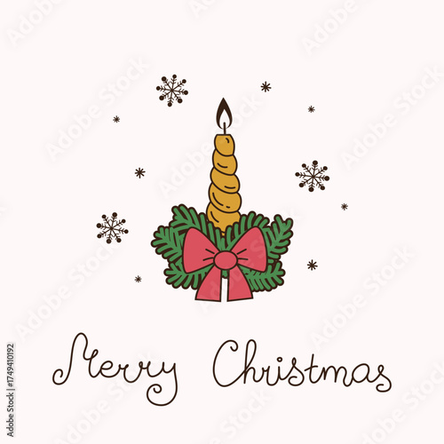 Christmas square card with drawing festive candle, fir branches, snow and typography in doodle style on white backdrop. Flat vector illustration. Modern design for social media, cover, invitation