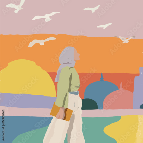 Watercolor mosque courtyard illuminated by sunset glow with Muslim woman in hijab standing gracefully - vector illustration