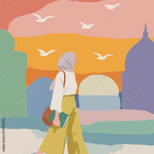 Serene watercolor of mosque courtyard during sunset with Muslim woman in hijab reflecting in calm light - vector illustration