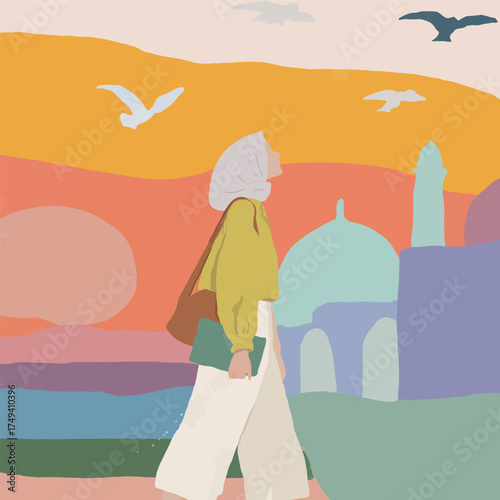 Beautiful watercolor painting of mosque courtyard at sunset showing Muslim woman in hijab walking peacefully - vector illustration