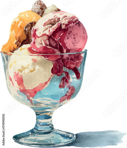 Delicious watercolor illustration of an Italian cup of gelato with creamy texture and soft pastel tones - vector illustration