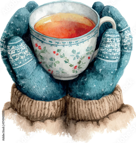 Cozy watercolor painting of hands holding a warm cup of tea in Scandinavian winter style clothing - vector illustration