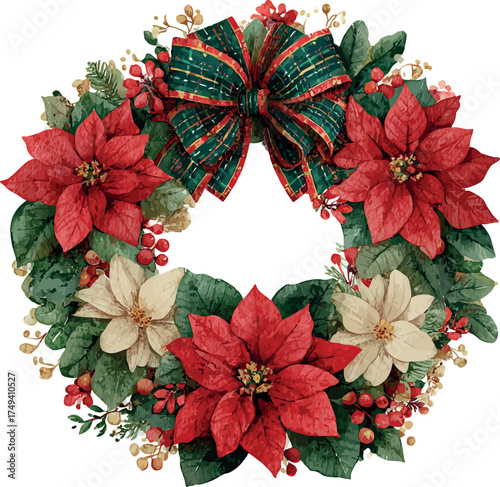 Festive watercolor Christmas wreath in farmhouse style with red and green plaid ribbon and poinsettia flowers - vector illustration