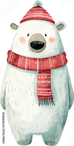 Adorable watercolor illustration of a cute cartoon Christmas polar bear wearing festive accessories - vector illustration