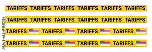 Yellow warning seamless tape with repeated word tariffs bold black text pattern banners economic trade regulation conflict protest concept design vector illustration, transparent background