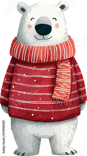 Charming watercolor artwork of a cartoon polar bear dressed in Christmas attire surrounded by festive decor - vector illustration