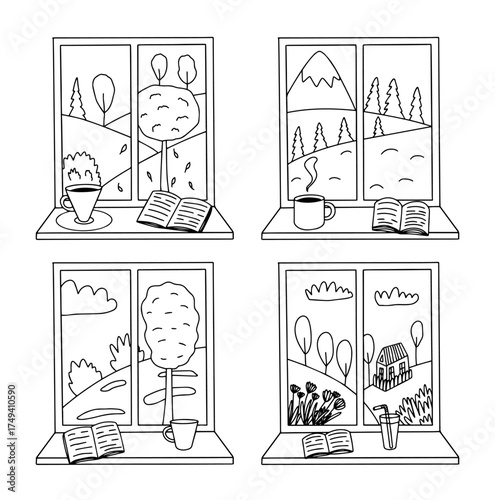 Set of hand drawn four windows with seasonal weather. Vector windows with Spring, Summer, Autumn, Winter landscape