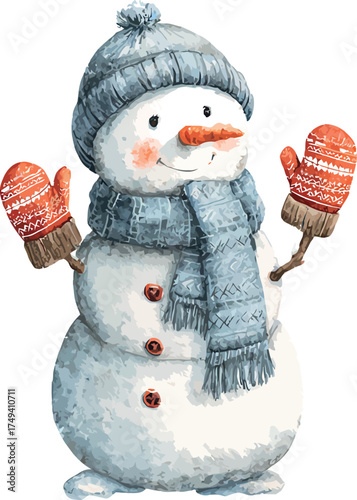 Cheerful watercolor painting of a cute cartoon snowman wearing a Christmas hat and scarf smiling in the snow - vector illustration