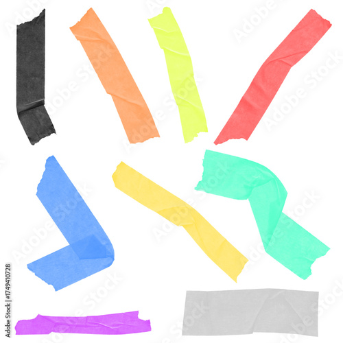 Colorful Torn Adhesive Tape Set Isolated on White Background – Vibrant Sticky Paper Strips Collection, Wrinkled Masking Tape Textures, Decorative Washy Tape Elements