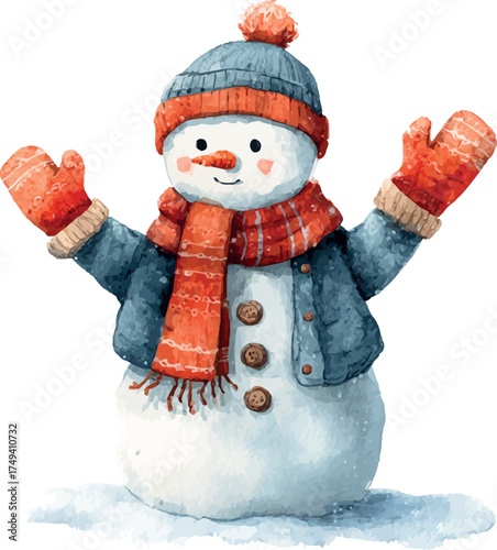 Delightful watercolor illustration of a happy cartoon snowman dressed for Christmas in a snowy winter background - vector illustration