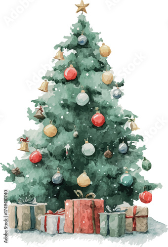 Charming watercolor illustration of a cute Christmas tree adorned with festive ornaments and lights - vector illustration
