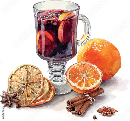 Warm watercolor drawing of Christmas mulled wine surrounded by dried oranges, cinnamon sticks and star anise - vector illustration
