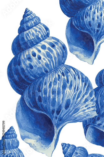 Elegant watercolor artwork depicting a collection of delicate blue seashells with soft ocean tones - vector illustration