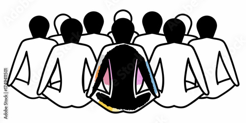Group of stylized figures sitting in meditation pose with one figure colored in unique design 100c on transparent background