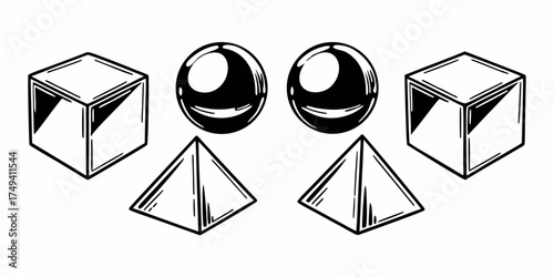Illustration showing two cubes two spheres and two pyramids in a symmetrical arrangement style on transparent background