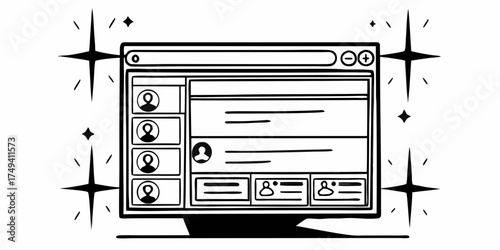 Illustration of a desktop computer screen displaying a messaging application with user profiles and sparkles on transparent background