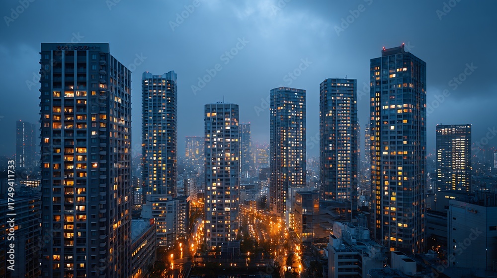 Naklejka premium Stunning urban skyline at night captured during twilight with a blue-gray atmosphere overhead