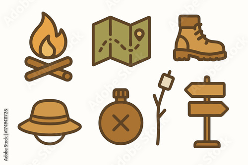 Outdoor adventure and camping essentials set featuring map, hiking boot, campfire, and canteen