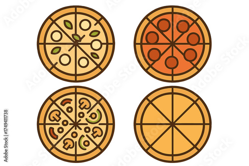 Set of four stylized pizza icons showing different toppings like pepperoni, mushroom, and Margherita