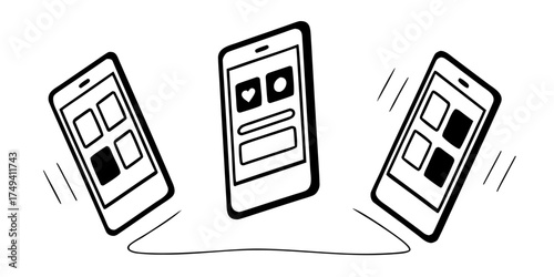 Three sketched smartphones displaying different user interface designs with simple line art illustration on transparent background