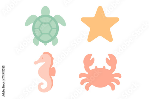 Cute pastel collection of sea animals including turtle starfish seahorse and crab