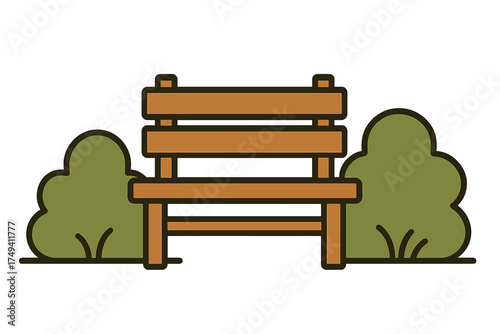 Wooden park bench with backrest and armrests flanked by two green shrubs