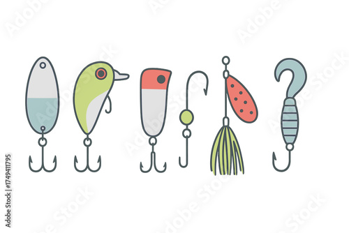 Colorful collection of various fishing lures, hooks, and tackle for angling sport