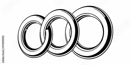 Three interlocking circles with black and white outlines creating a visual representation of connection on transparent background