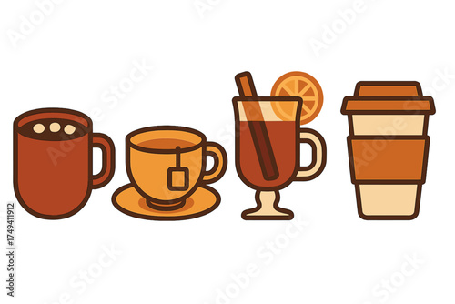 Four different warm seasonal beverages including hot chocolate, coffee, tea, and spiced drink