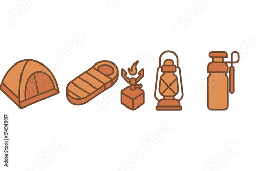 Essential camping equipment set featuring tent, sleeping bag, stove, lantern, and water bottle