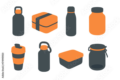 Eco-friendly reusable containers set including bottles, jars, lunch boxes, and travel mugs
