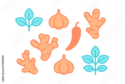 Collection of fresh culinary ingredients including ginger garlic chili pepper and aromatic herbs