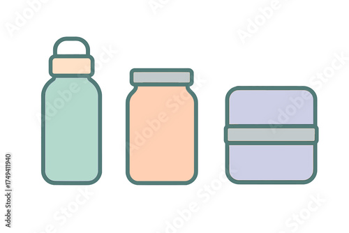 Minimalist set of cosmetic or food containers bottle jar and cream box