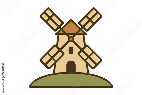 Traditional European windmill standing on a small grassy mound with four sails
