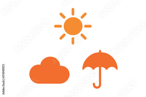 Simple orange symbols showing weather conditions like bright sun, fluffy cloud, and protective umbrella