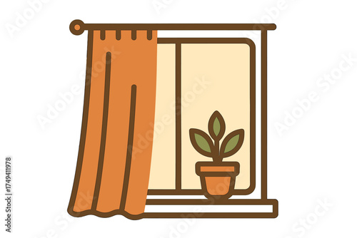 Interior window frame with warm orange curtain and potted houseplant on the windowsill
