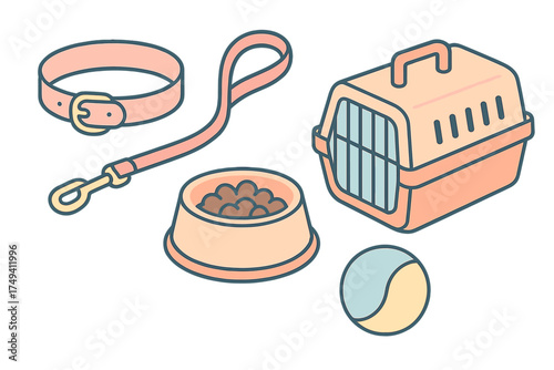 Essential accessories for domestic pets including a travel carrier, leash, and feeding bowl