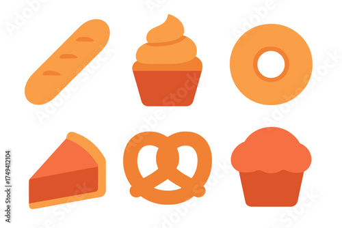 Assortment of sweet and savory bakery items including cupcake, donut, pretzel, and baguette