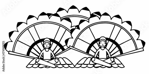 Illustration of two people seated within stylized water wheels with decorative elements at the top and bottom on transparent background