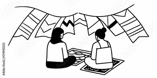 Two people sitting on mats under decorative flags in a black and white line drawing style image on transparent background