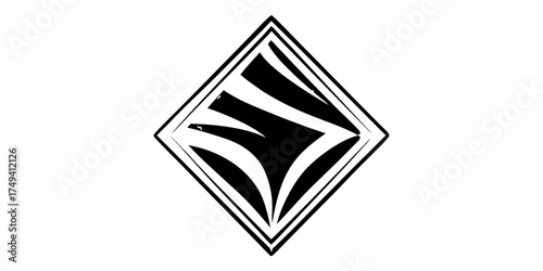 Abstract diamond shape with black and white curved lines and a double border design element vector on transparent background