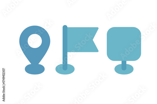 Set of location markers including GPS pin, destination flag, and point of interest symbols