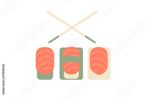 Minimalist set of salmon nigiri pieces and crossed wooden chopsticks