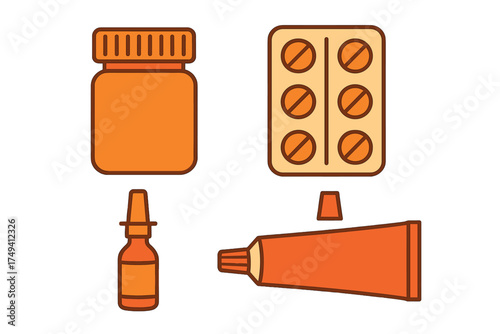 Set of pharmaceutical medicine containers, drug packaging, and healthcare items
