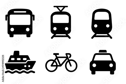 Black silhouette symbols of public and private transportation modes including bus, train, ship, and taxi