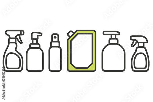 Assortment of refillable and disposable containers for household cleaning liquids and personal care products