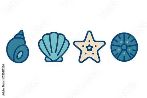 Stylized marine icons set featuring seashells, starfish, and sand dollar symbols in blue and beige